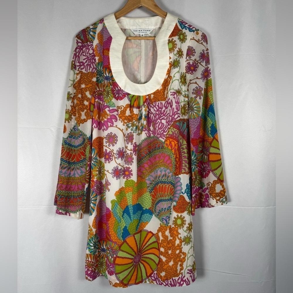 Trina Turk Nod to Mod Bonita‎ Bell Sleeve Silk Mini Dress 60’s Fun Retro Size 4